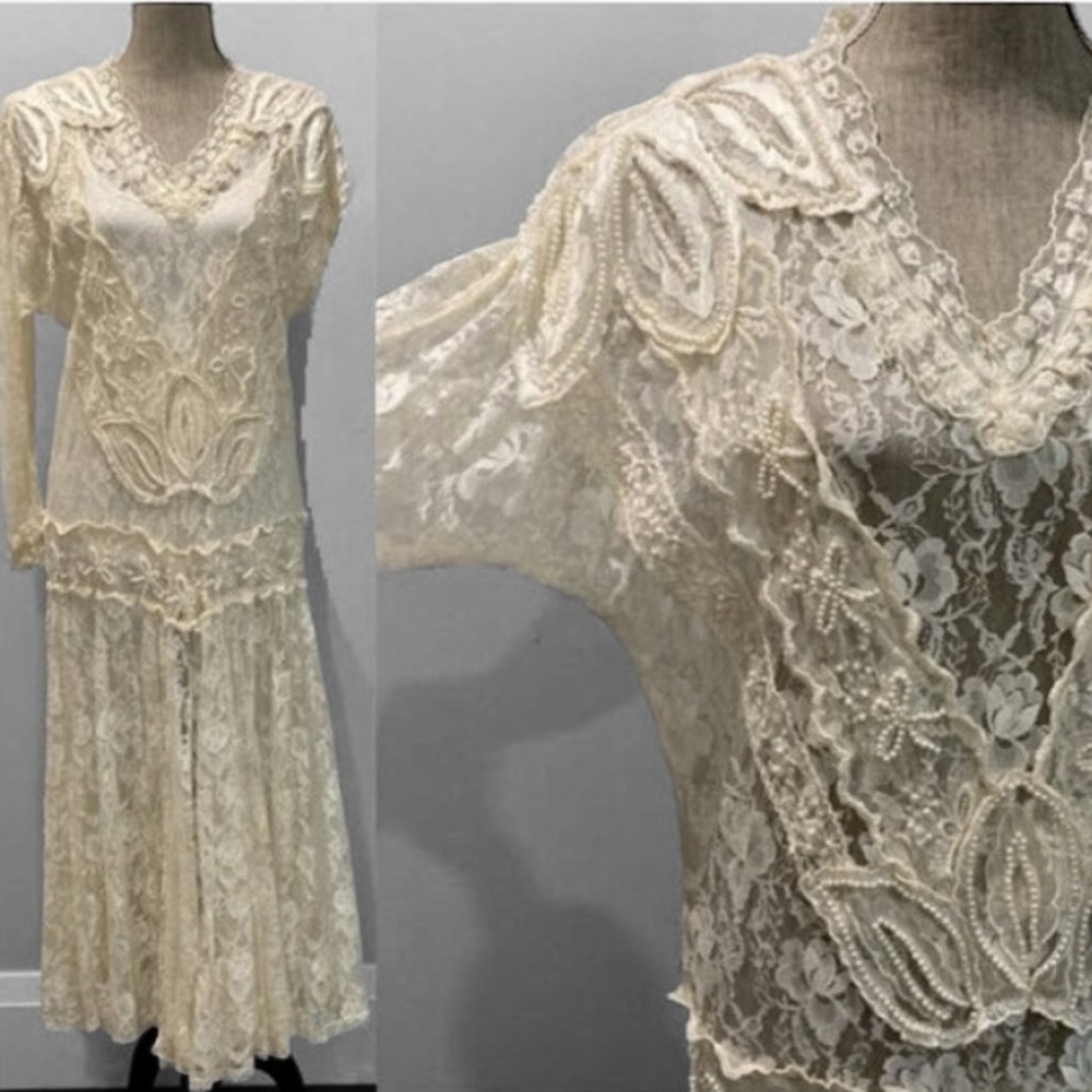 Vintage 80s Off White Embellished Lace And Beads Cocktail Wedding Dress